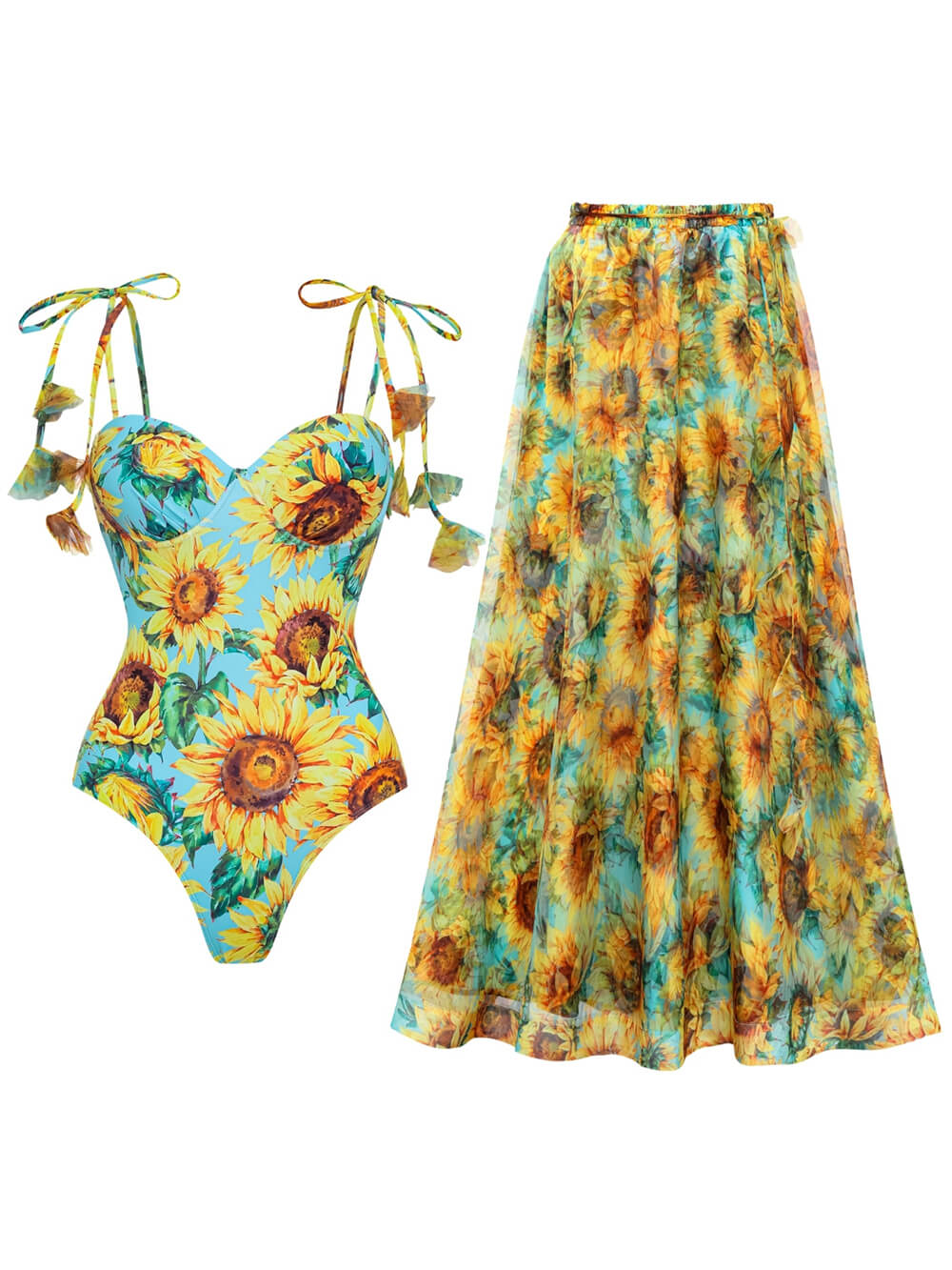 Sunflower Print Tie-Waist Hard-Pouch One-Piece Swimsuit