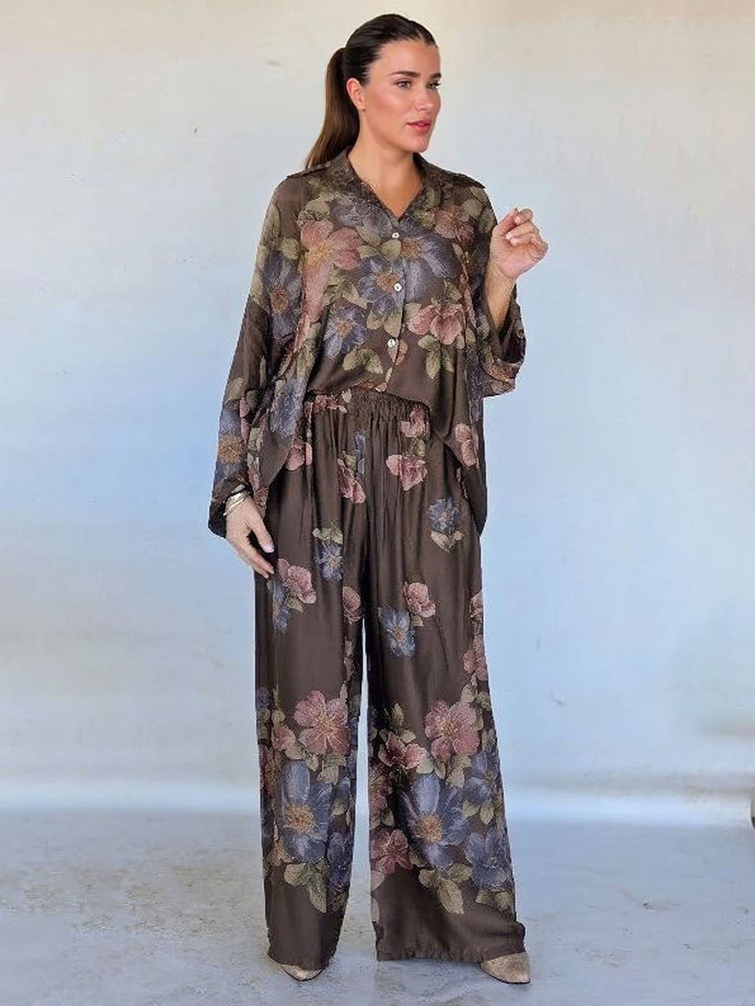 Retro Floral Print Collared Shirt & Elastic Waist Wide-Leg Pants Two-Piece Set