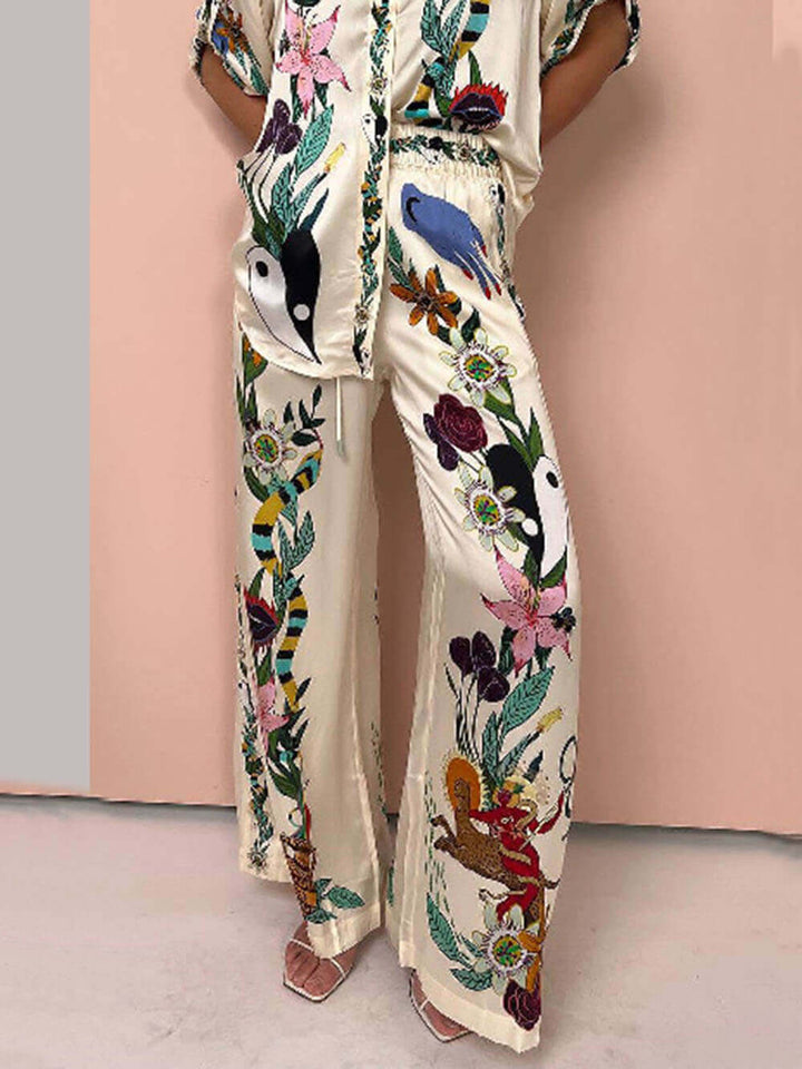 Modern Sophisticated Feel Satin Unique Print Oversized Blouse Elastic Waist Pocketed Wide Leg Pants Set