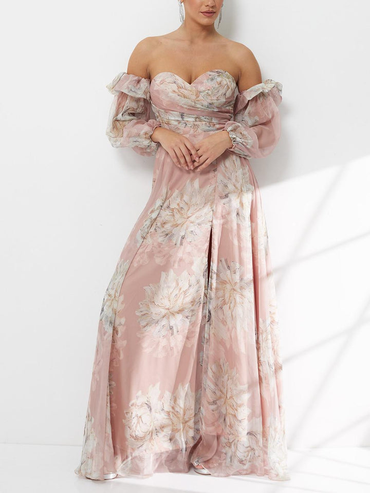 Elegant Floral Off-Shoulder Slit Chiffon Maxi Dress
