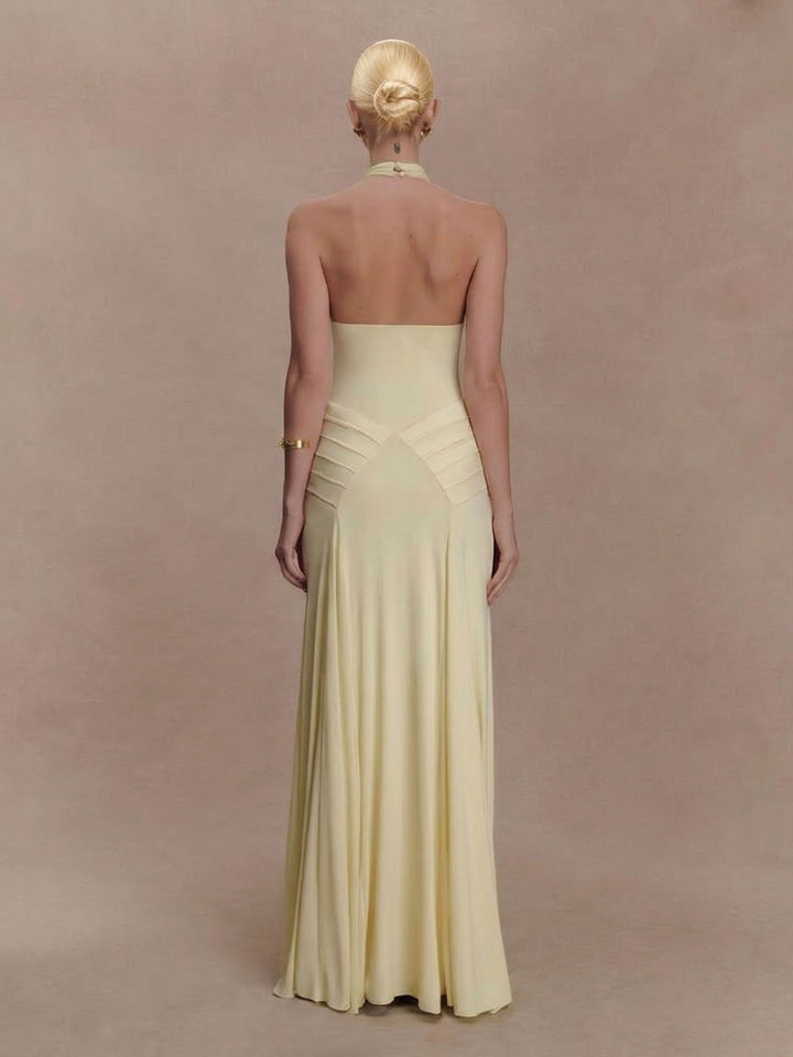 Elegant Pleated Fitted Backless Maxi Dress
