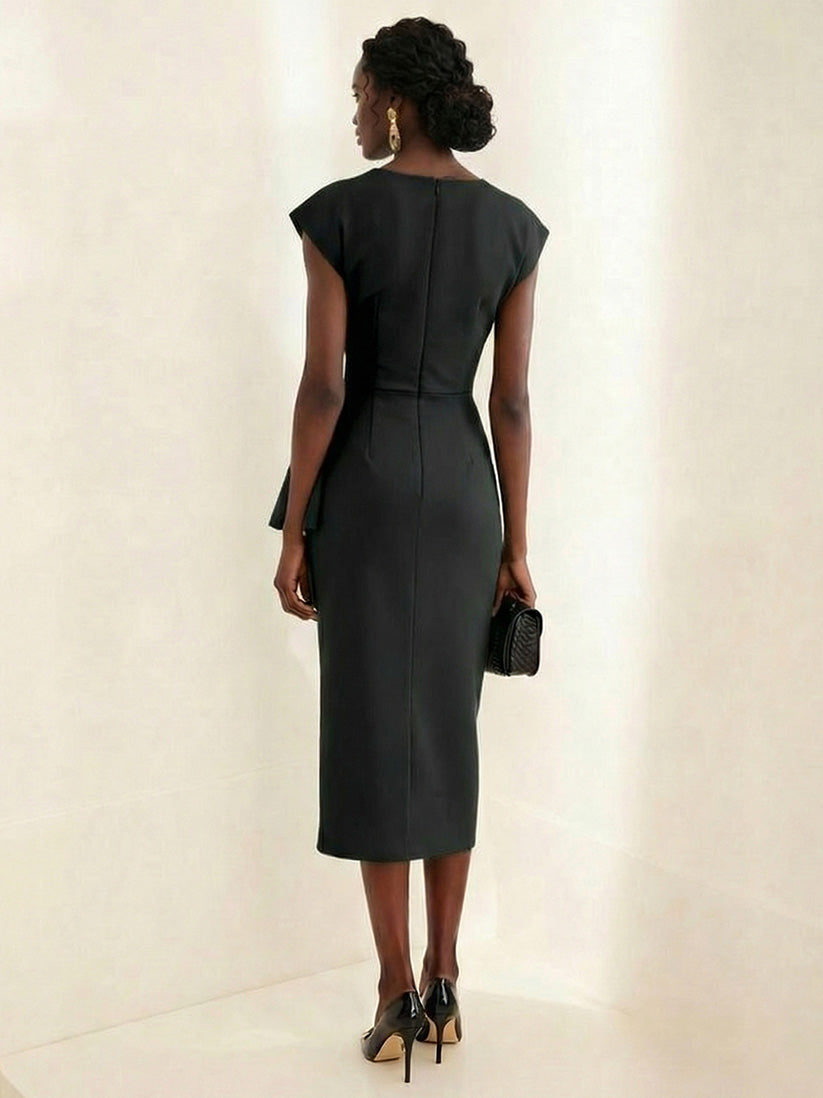 Elegant Draped Neckline Fitted Midi Dress