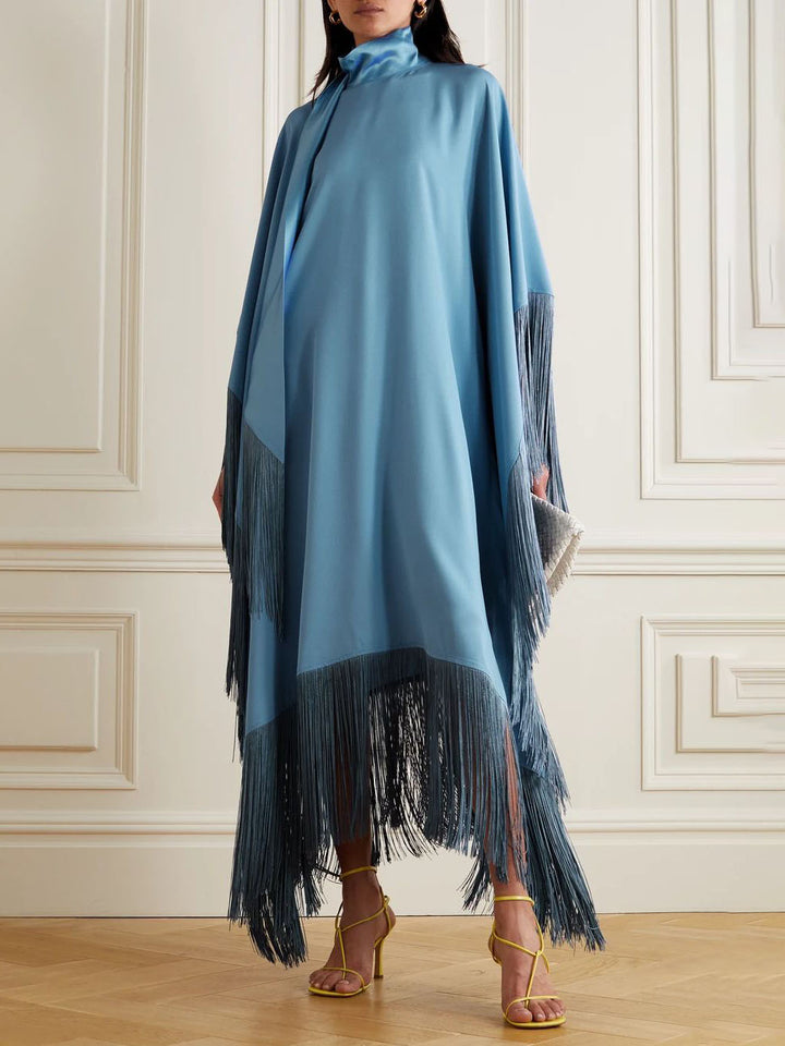 Elegant High-Neck Fringe Trim Asymmetrical Maxi Dress