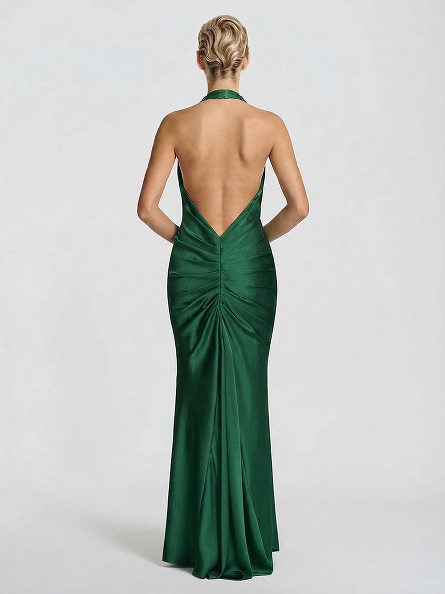 Elegant Backless Twist Front Satin Maxi Dress