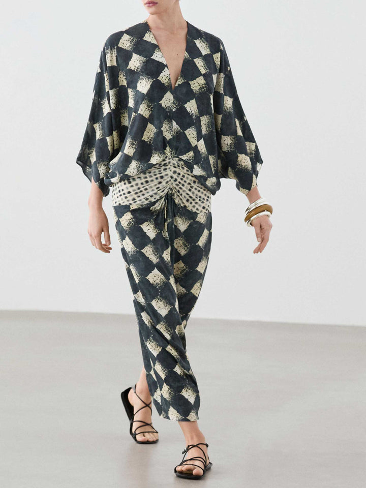Casual Abstract Plaid Print Kimono Sleeve Maxi Dress