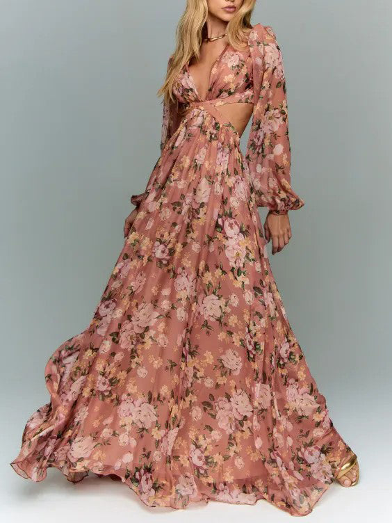 Elegant Floral Print Cutout Waist Long Sleeve Chiffon Maxi Dress