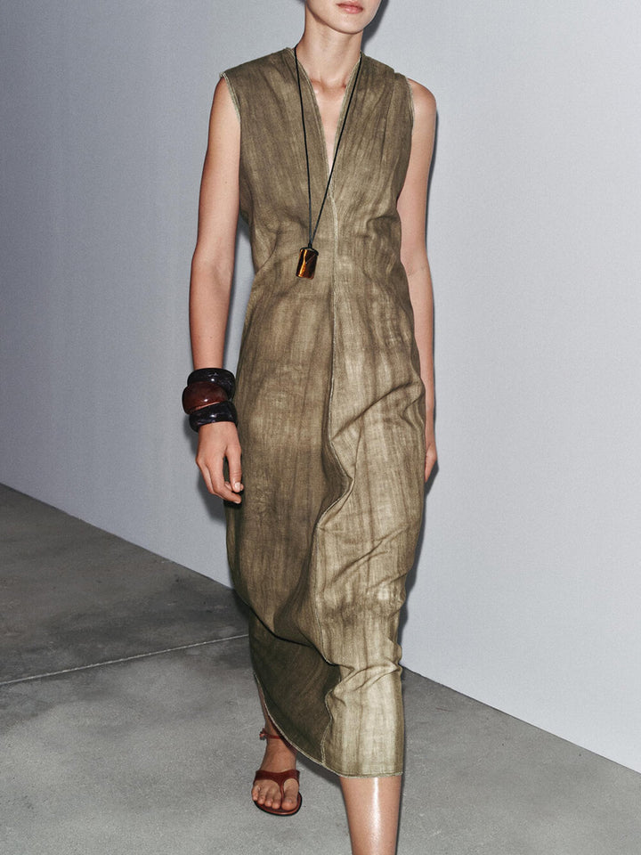 Exquisite Abstract Tie-Dye Print Linen Sleeveless Vacation Midi Dress