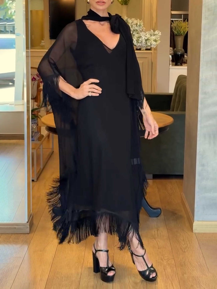 Elegant Flowy Chiffon Fringe Kaftan Maxi Dress