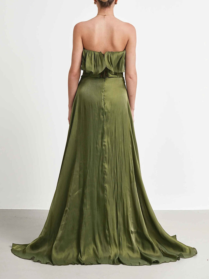 Elegant Strapless Ruffle High Slit Corset Maxi Dress