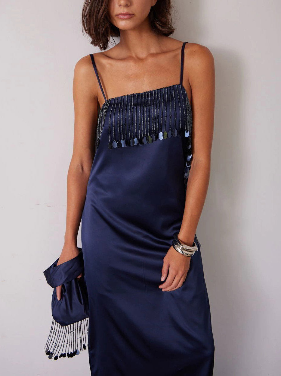 Elegant Sequin Fringe Satin Maxi Dress
