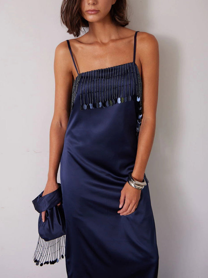 Elegant Sequin Fringe Satin Maxi Dress
