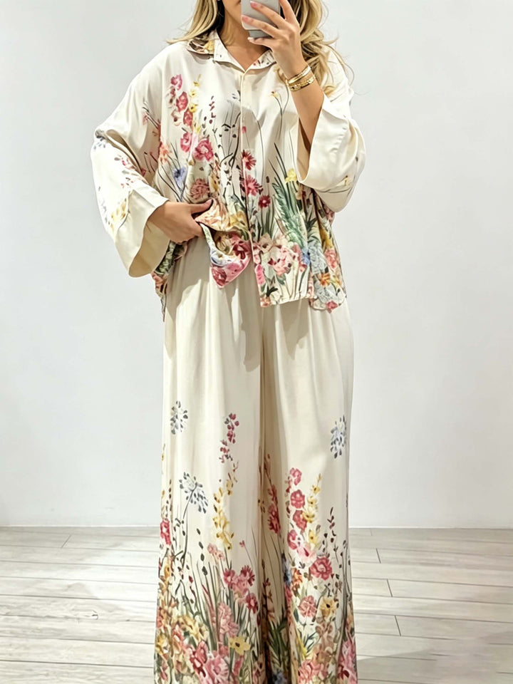 Elegant Floral Print Satin Wide Leg Pants