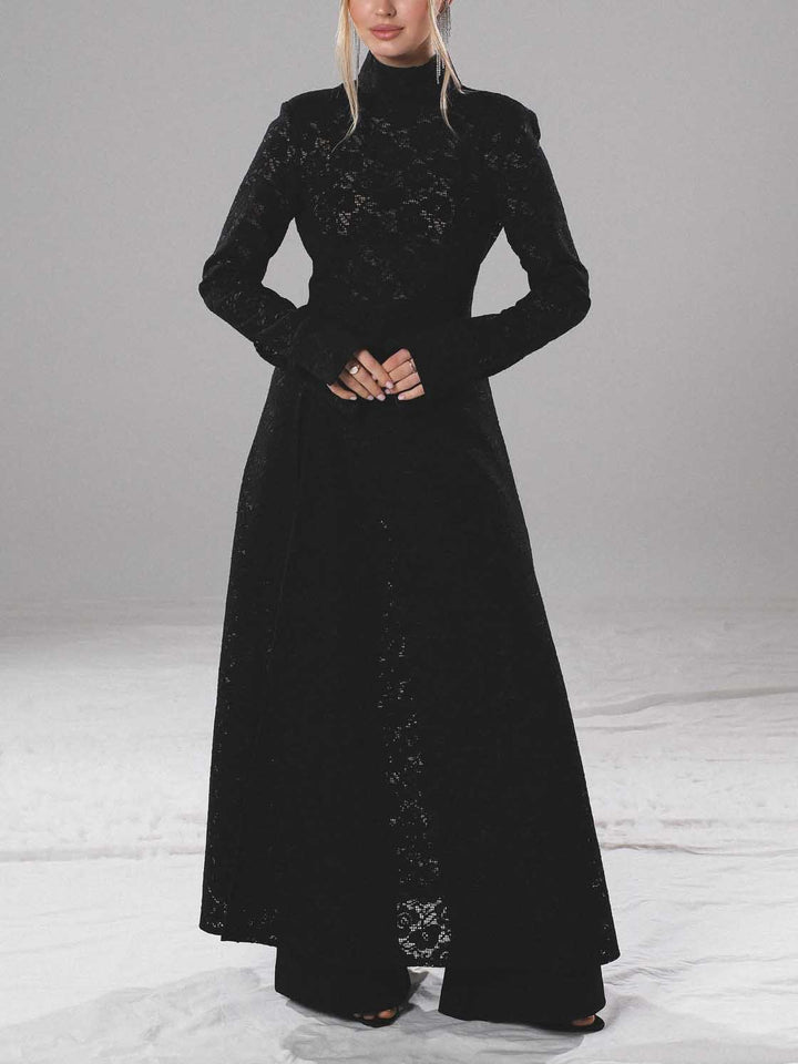 Elegant High-Neck Lace Slit Midi Dress