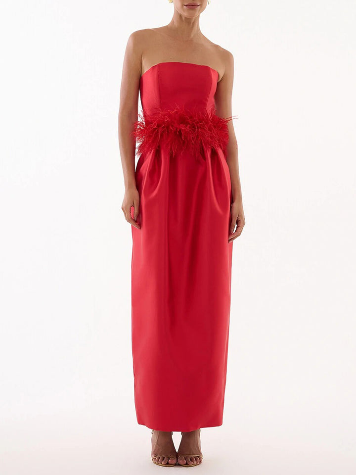 Elegant Strapless Feather Trim Evening Gown Maxi Dress
