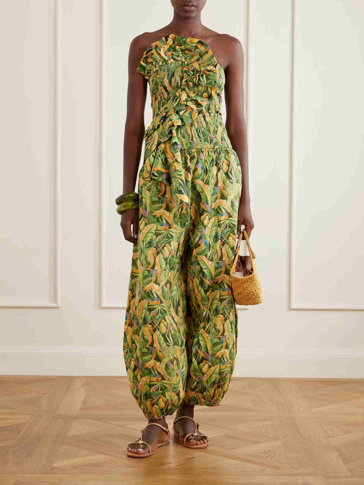 Exquisite Tropical Parrot Print Ruffle Top & Lantern Pants Two-Piece Set