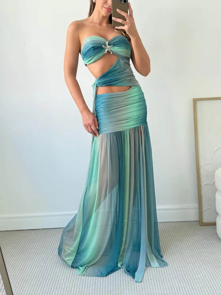 Sexy Printed Side-Slit Draped Maxi Dress