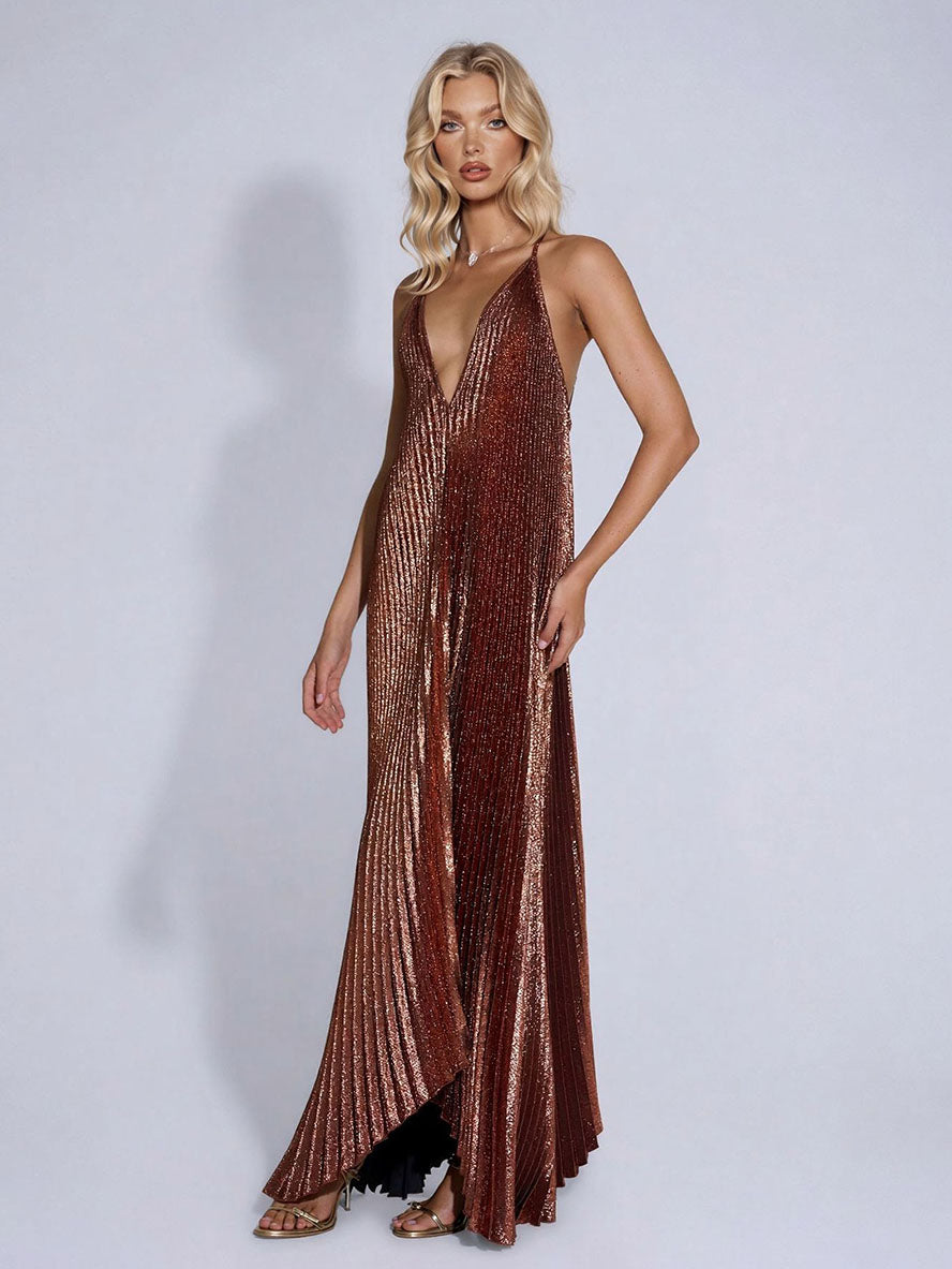 Elegant Pleated Deep V-neck Sleeveless Maxi Dress