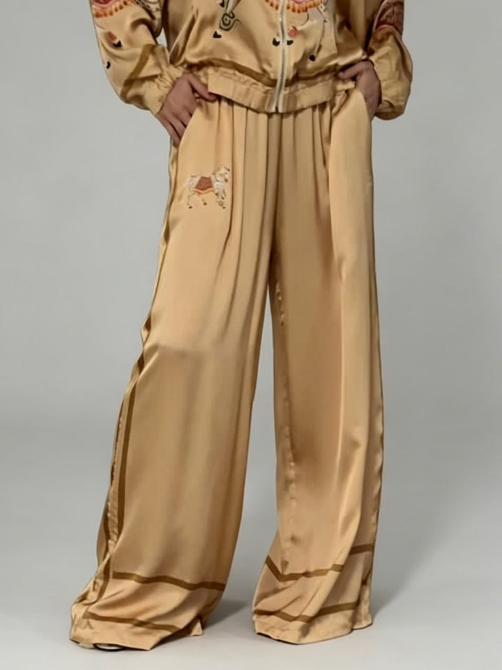 Exquisite Satin Horse Print Zip Jacket & Wide-Leg Pants Two-Piece Set