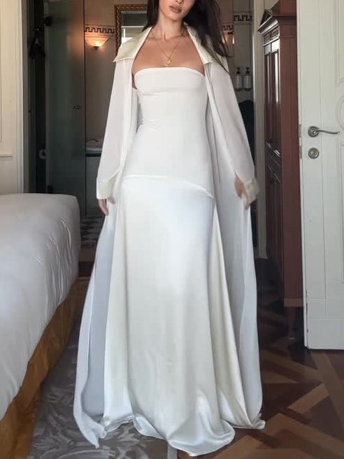 Elegant Satin Maxi Dress & Long Sheer Chiffon Cover-Up Two-Piece Set