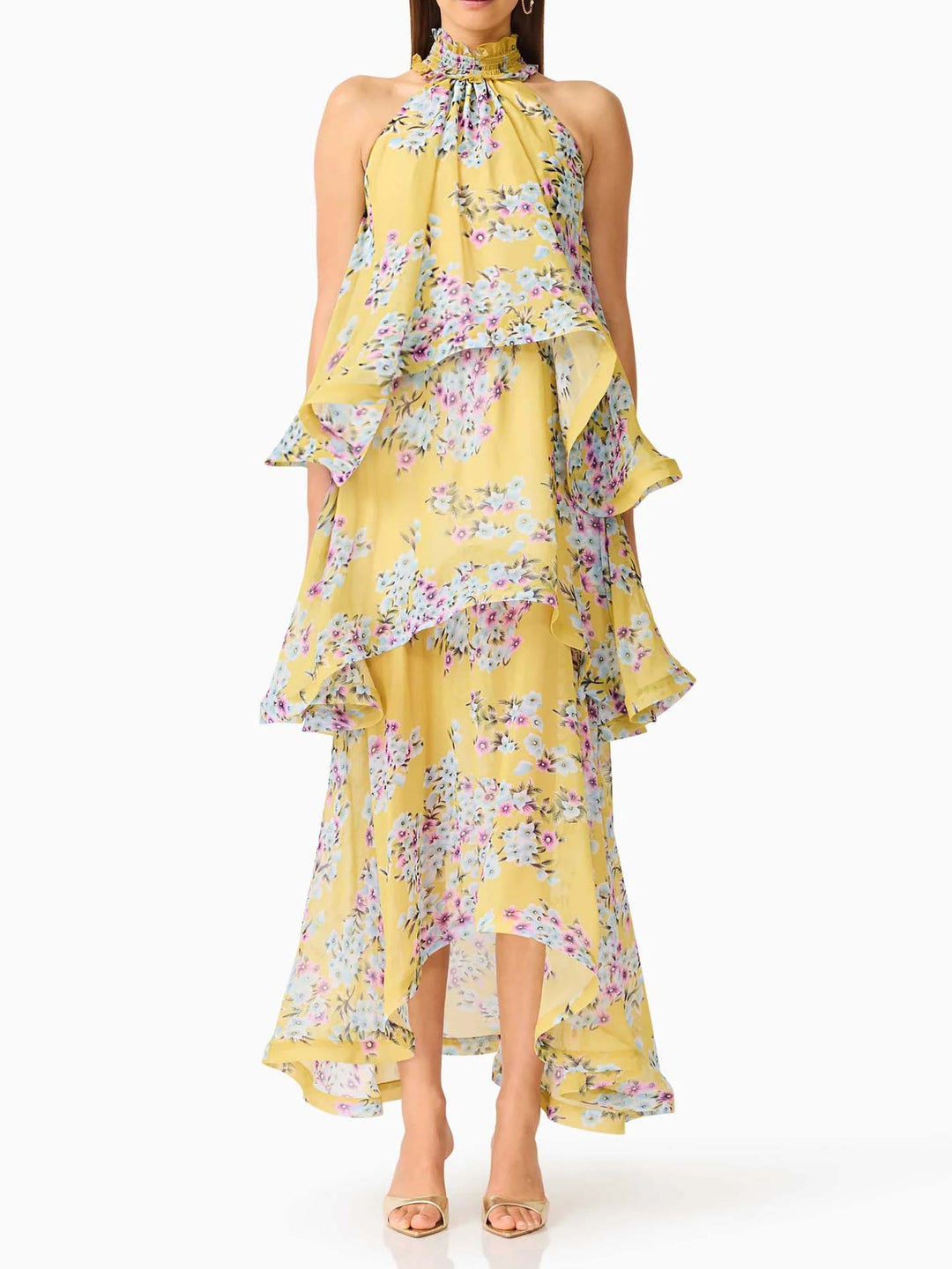 Elegant Rose Floral Halter Tiered High-Low Maxi Dress
