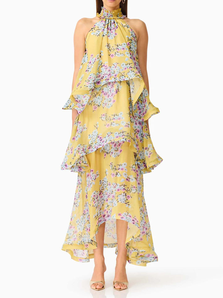 Elegant Rose Floral Halter Tiered High-Low Maxi Dress