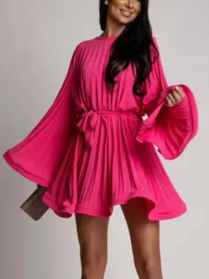 Elegant Round Neck Bell Sleeve Tie-Waist Ruched Mini Dress