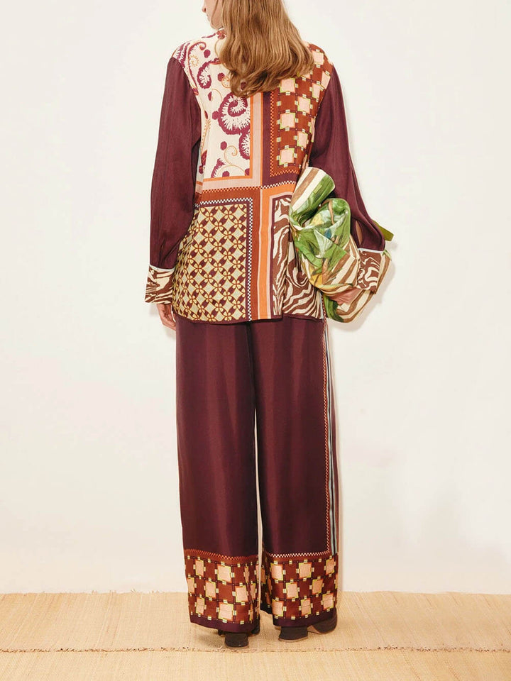 Unique Paisley Color-Block Satin Shirt