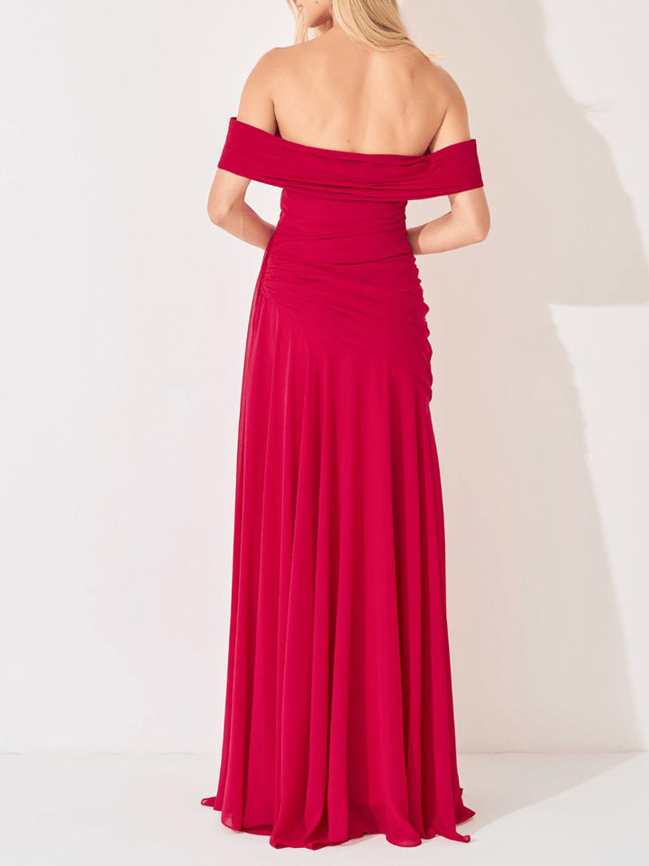 Elegant Off Shoulder Ruched Chiffon Maxi Dress