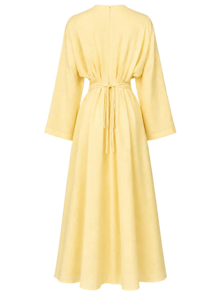 Elegant Long Sleeve Pleated Waist Maxi Dress