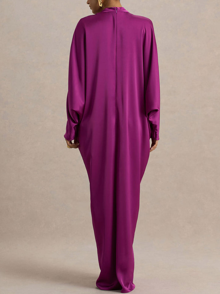 Elegant Satin Batwing Sleeve  Draped Maxi Dress