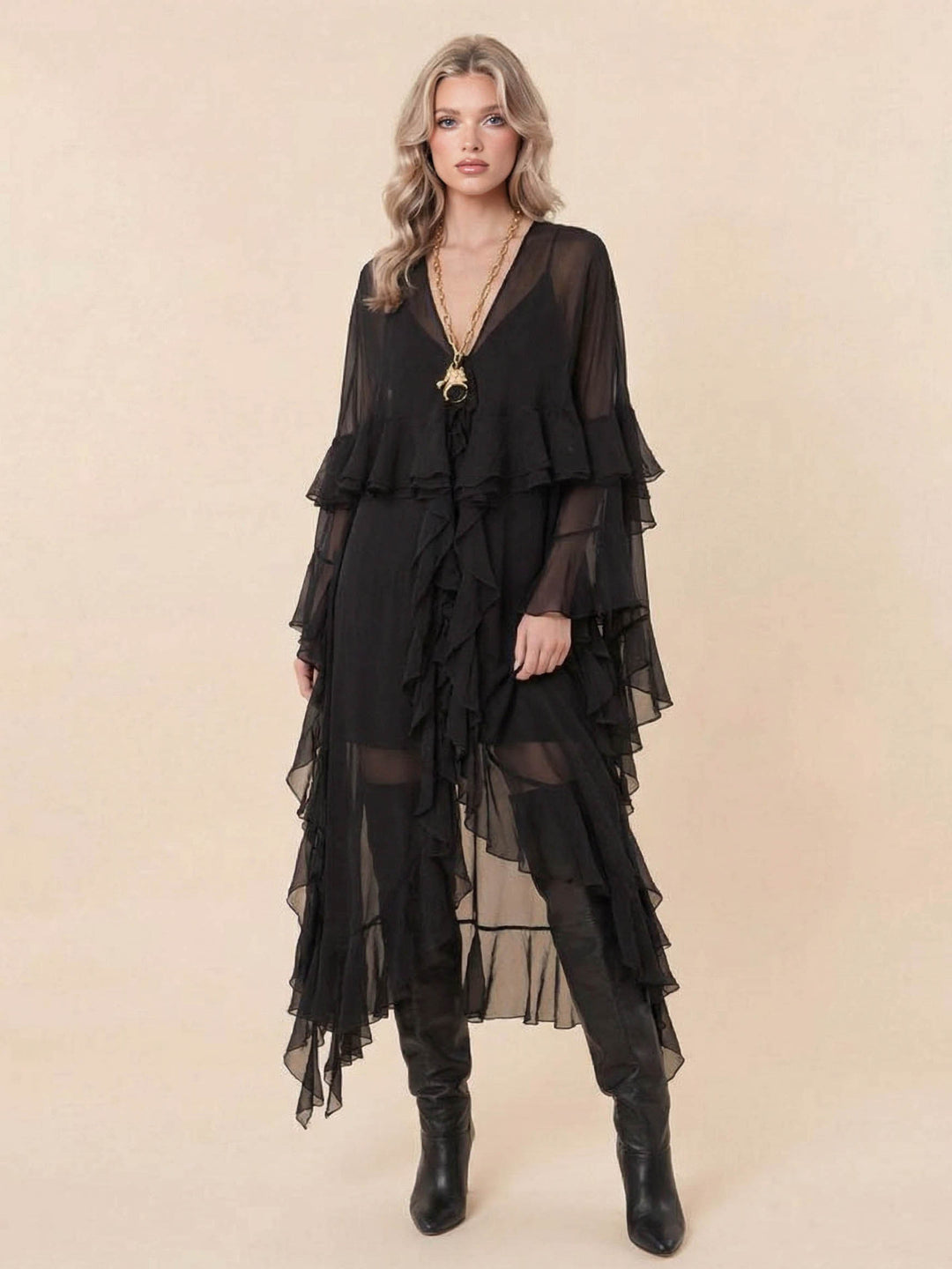 Elegant Tulle Ruffled Flowy Beach Maxi Dress