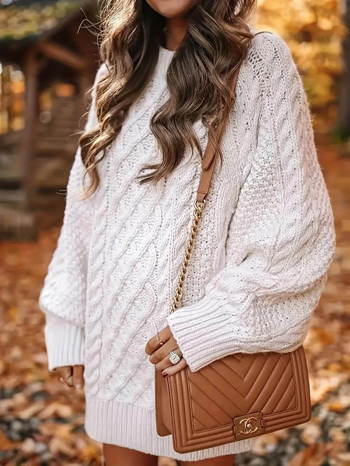 Fashion Chunky Cable Knit Round Neck Oversized Sweater Mini Dress