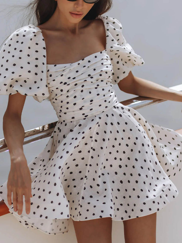 Delicate Polka Dot Linen Puff Sleeve Mini Dress