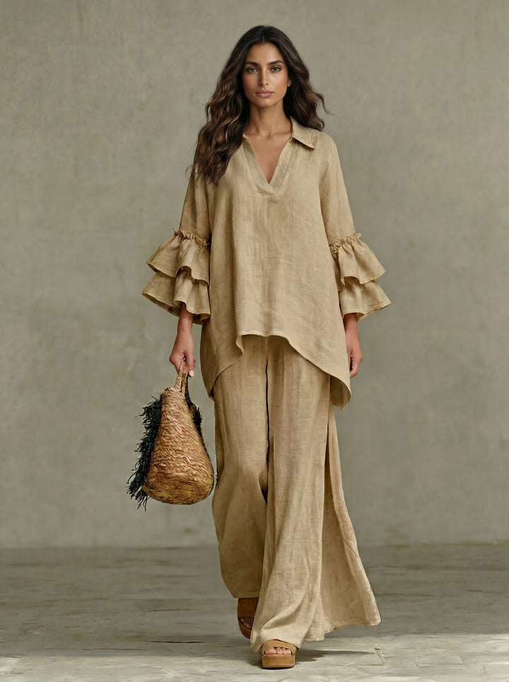 Casual Ruffle Sleeve V-Neck Top & High Waist Wide Leg Pants Set