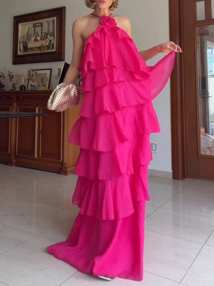 Elegant Tiered Ruffle Halter Maxi Dress