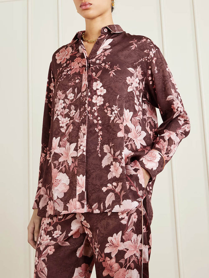 Exquisite Floral Print Satin Piped Straight-Leg Pants