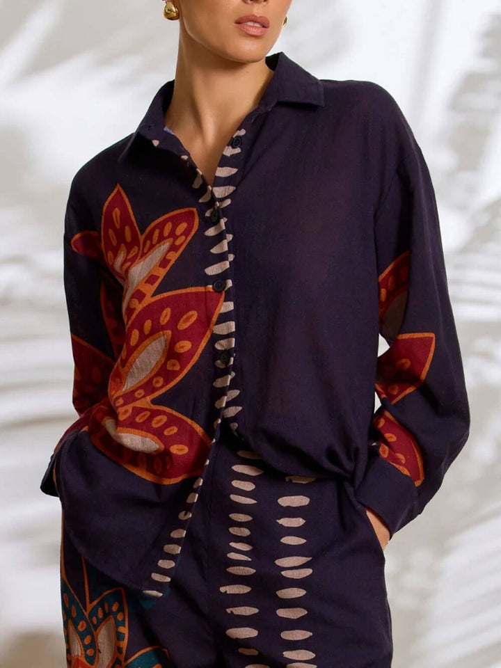 Exquisite Floral Print Linen Button-Down Loose Top