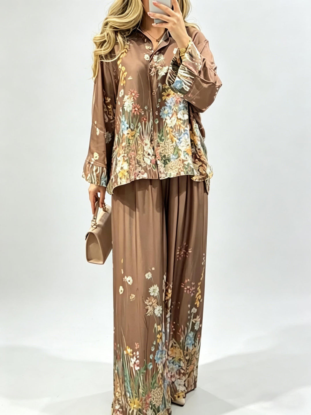 Elegant Floral Print Satin Wide Leg Pants