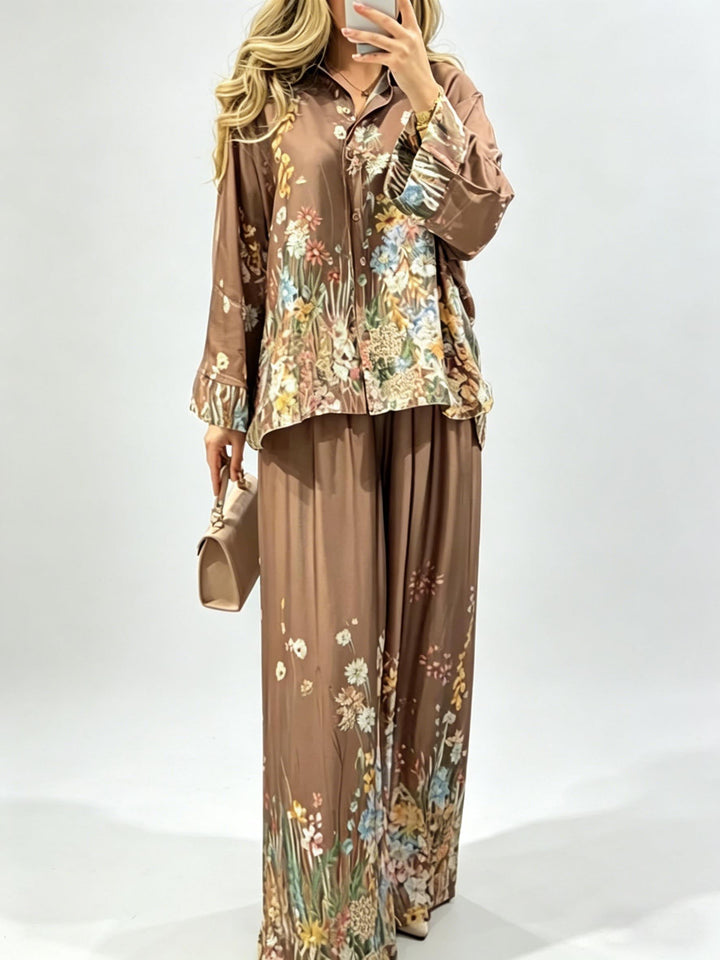 Elegant Floral Print Satin Wide Leg Pants