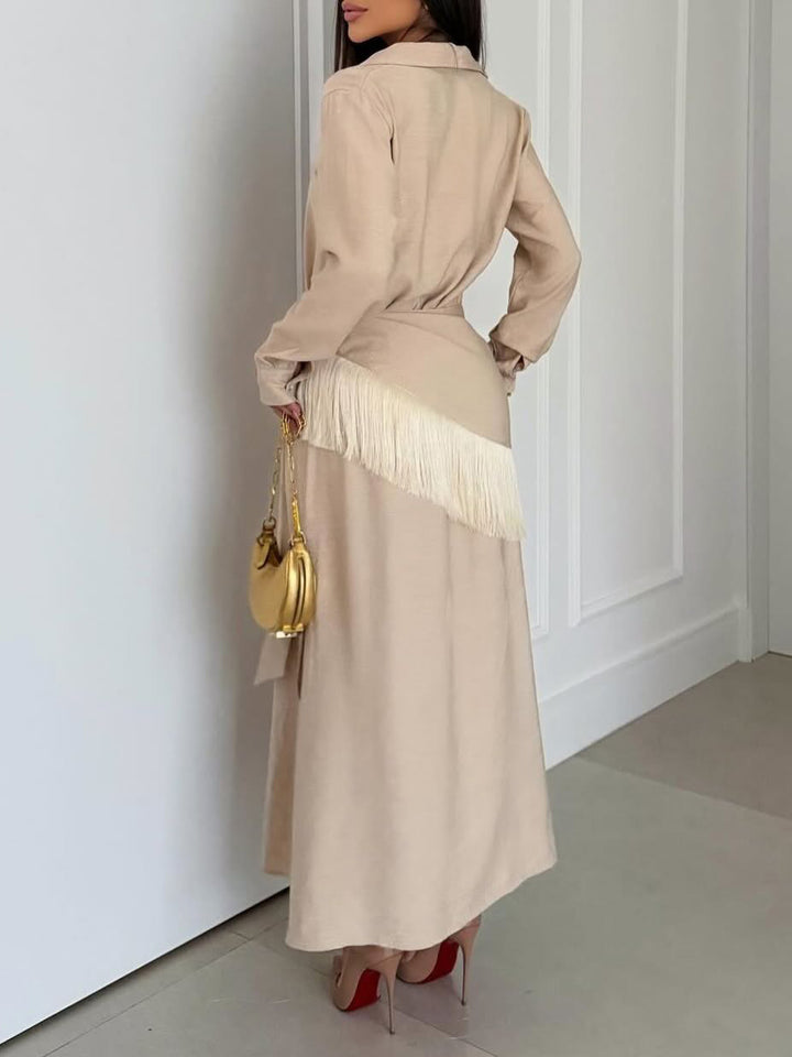 Casual Wrap Fringe Button-Front Shirt Maxi Dress