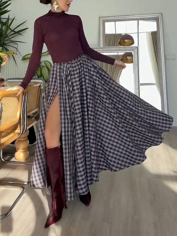 Elegant Plaid High-Slit Maxi Skirt