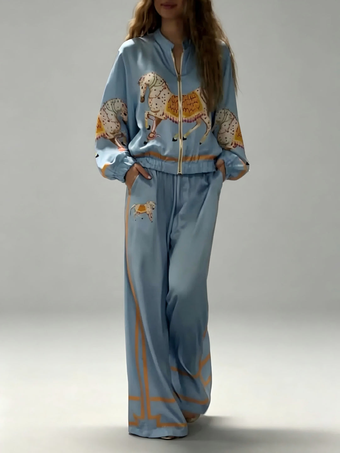 Exquisite Satin Horse Print Zip-Up Shirt
