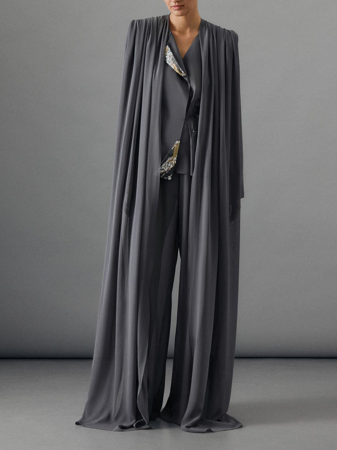 Elegant Draped Chiffon Shirt & Wide Leg Pants Two-Piece Set