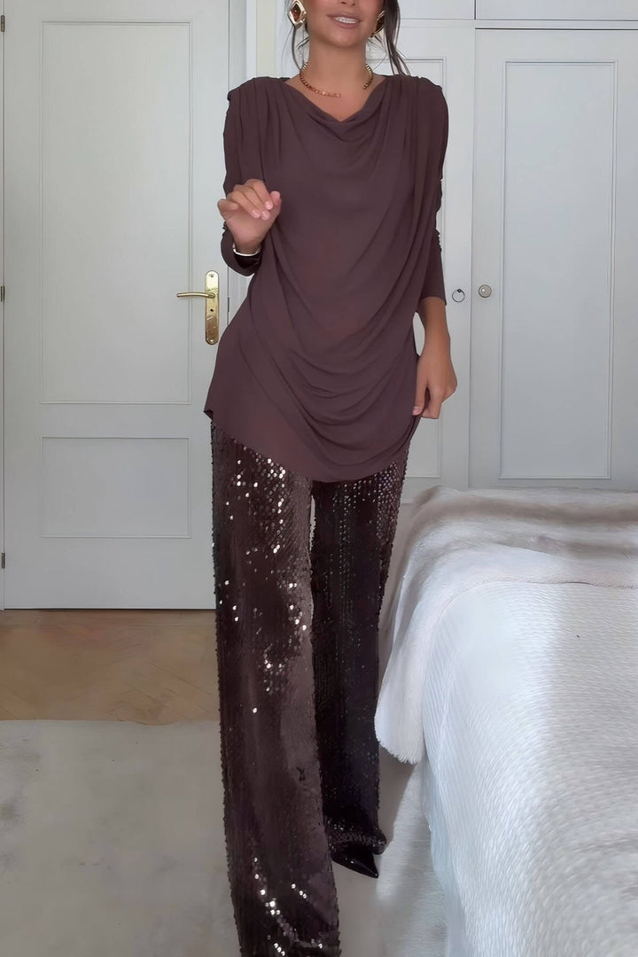 Unique Ruched Drop-Shoulder Long Sleeve Top