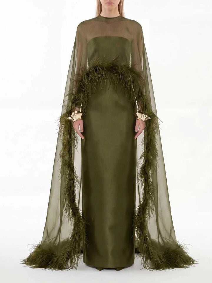 Elegant Sheer Chiffon Shawl Black Satin Maxi Dress