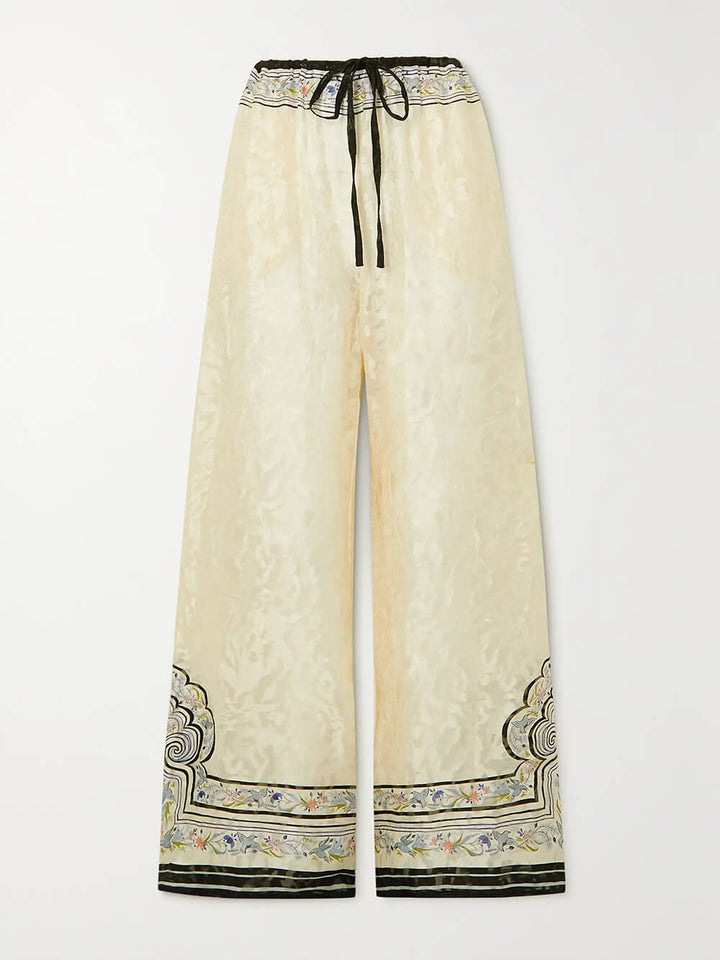 Unique Print Satin Lace-Up Ealastic Waist Wide-Leg Pants