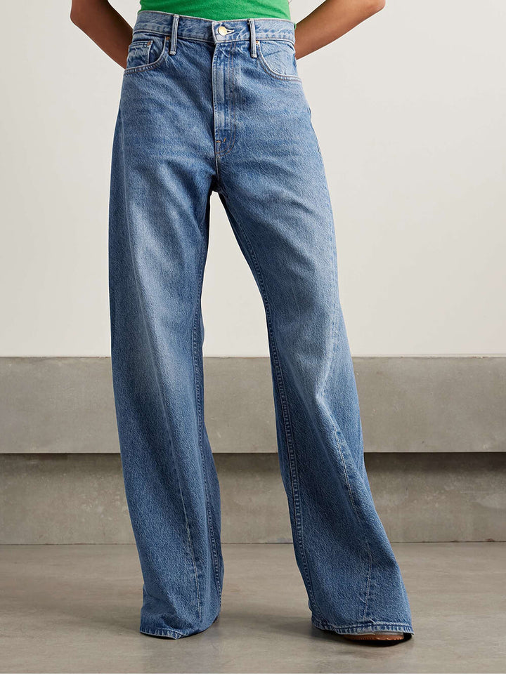 Modern Asymmetric Panel Mid-Rise Wide Leg Jeans