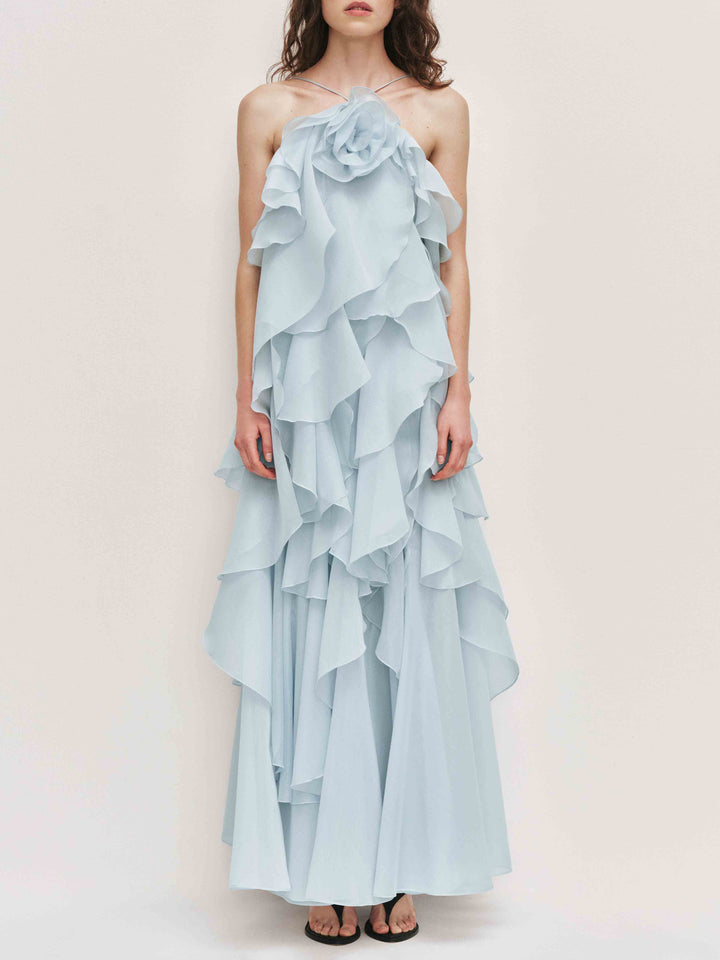 Elegant  3D Flower Ruffle Halter Maxi Dress