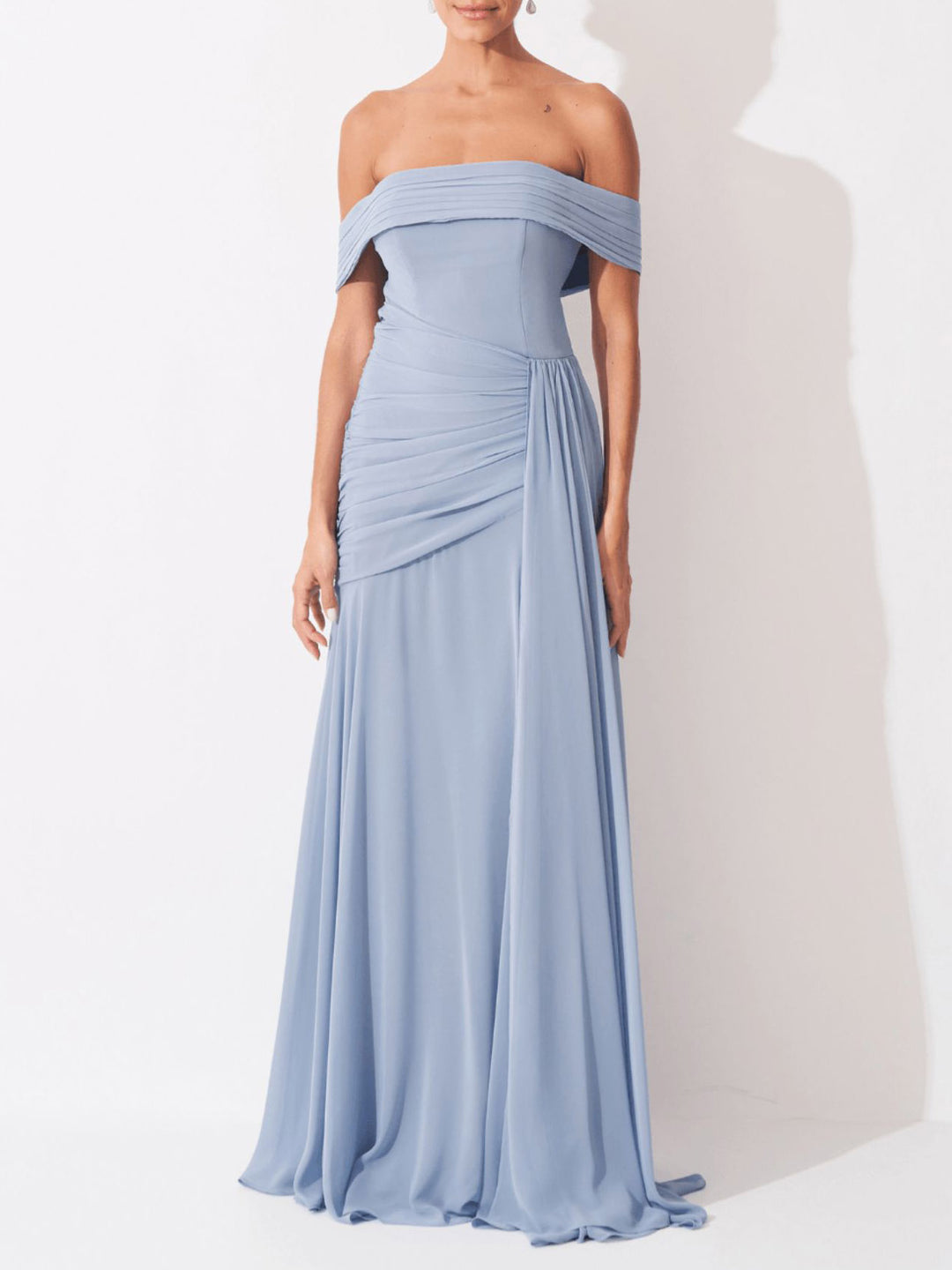 Elegant Off Shoulder Ruched Chiffon Maxi Dress