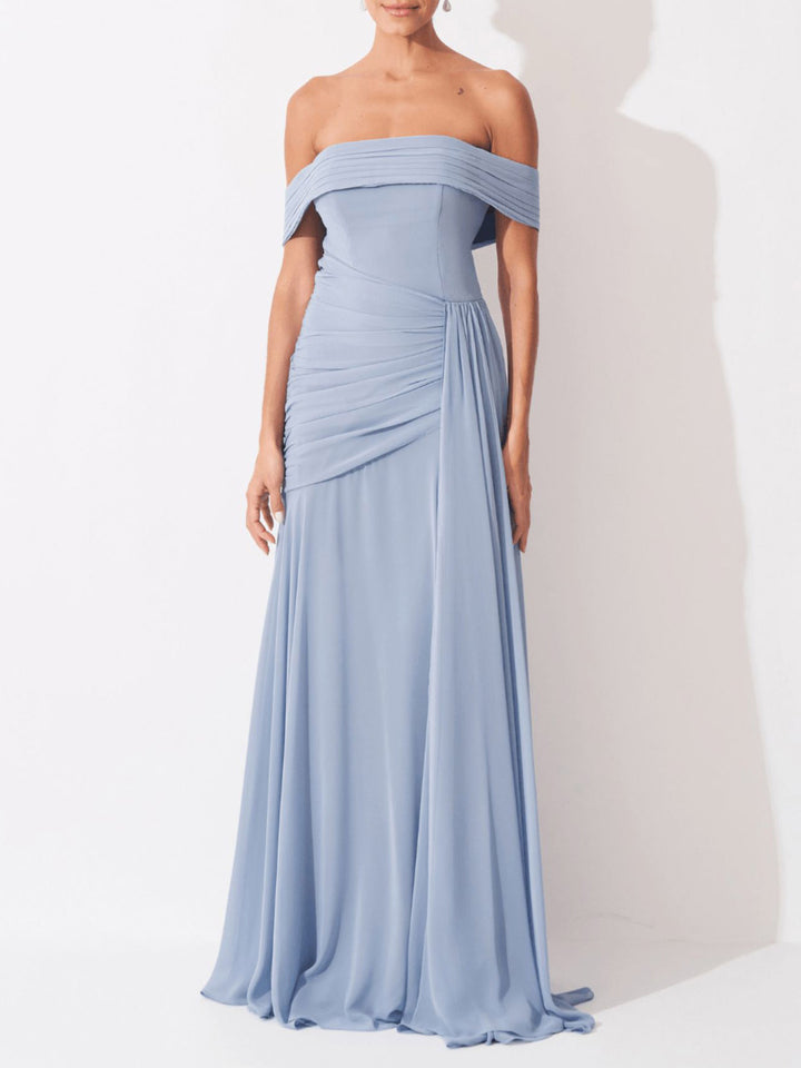 Elegant Off Shoulder Ruched Chiffon Maxi Dress